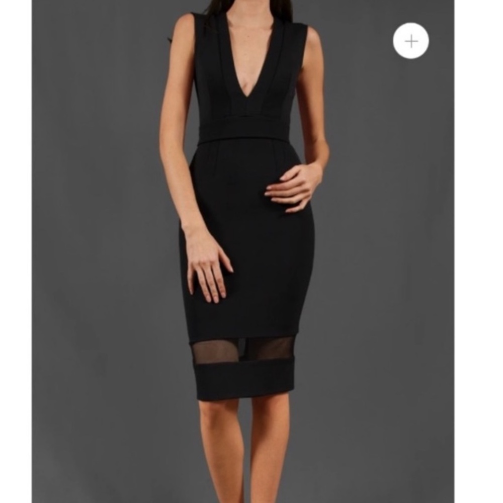 Nicholas Black V-Neck Mesh Panel MIDI Dress w/Full Back Zipper Detail Size 8